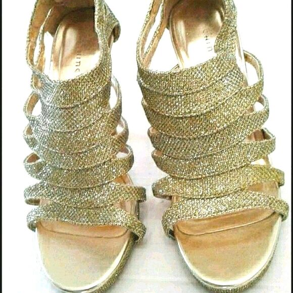 Chinese Laundry Gold Sparkly Open Toe Caged Strappy Platform Heels 6.5 - Picture 3 of 9